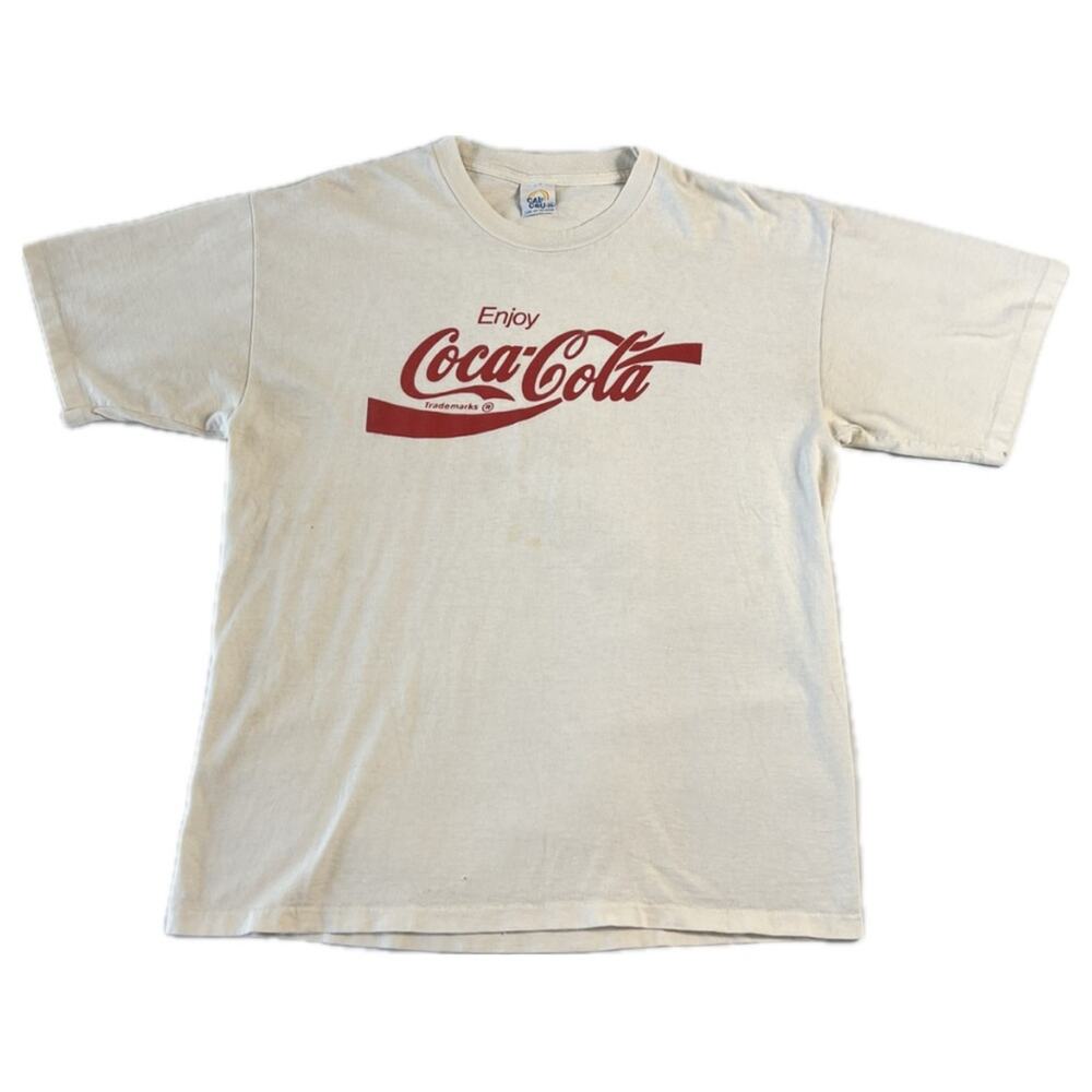 Vintage Cal Cru Men's XL Coca-Cola Single Stitch Cream T-Shirt Short Sleeve Crew